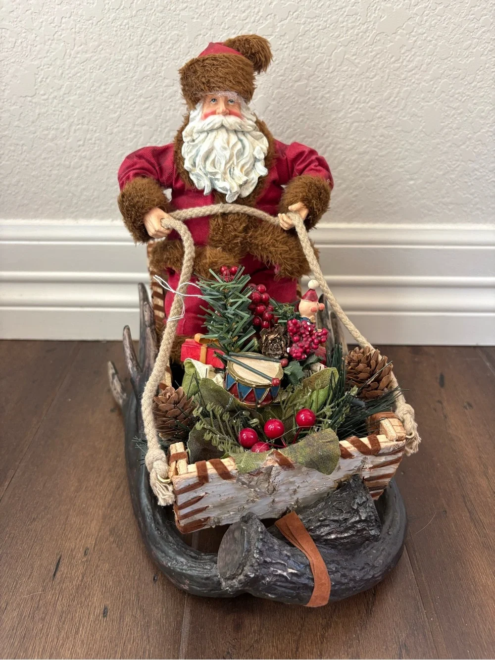 Santa Claus Figure In Bark Wood Sleigh Antlers Sled Christmas Holiday Decor 11”